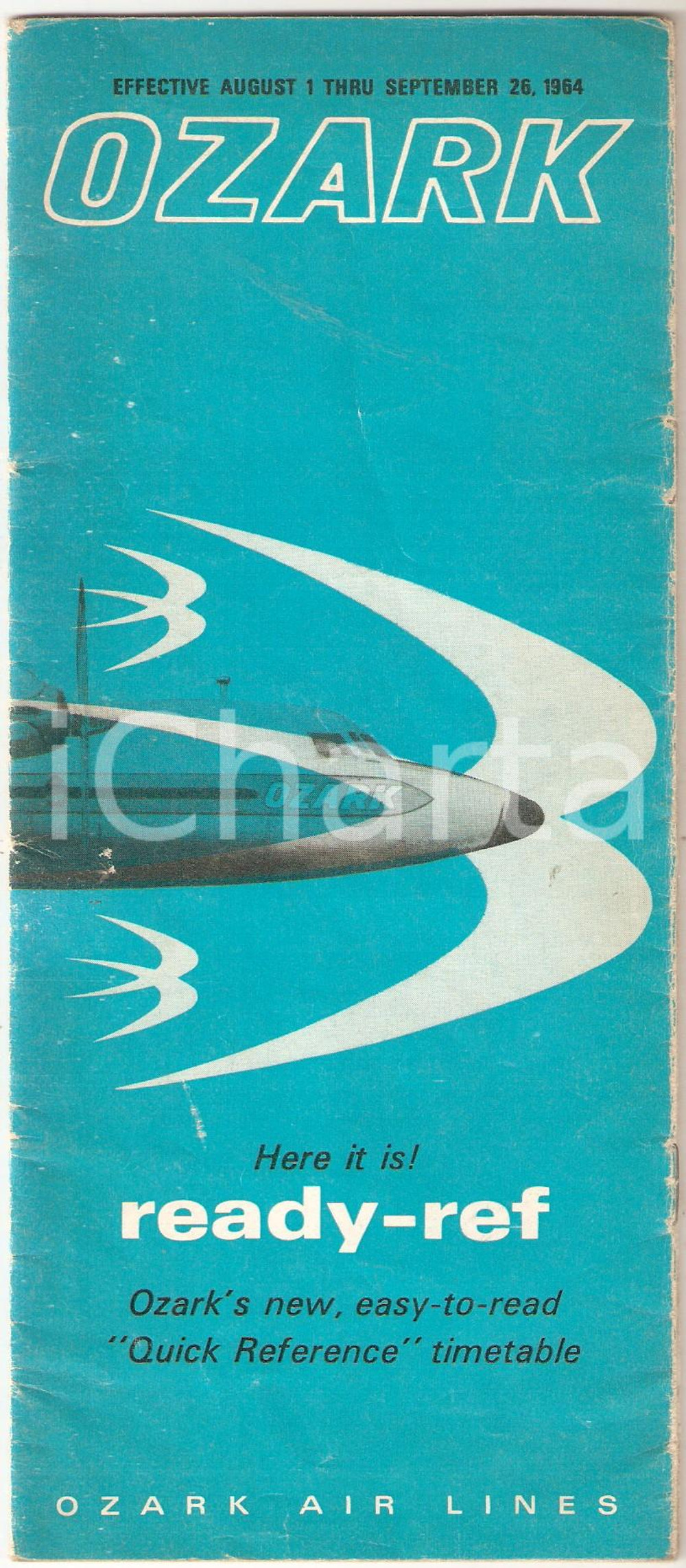 Materiale pubblicitario d’epoca 1964 OZARK AIR LINES Readyref timetable  Pieghevole ILLUSTRATO 10x23 cm 1