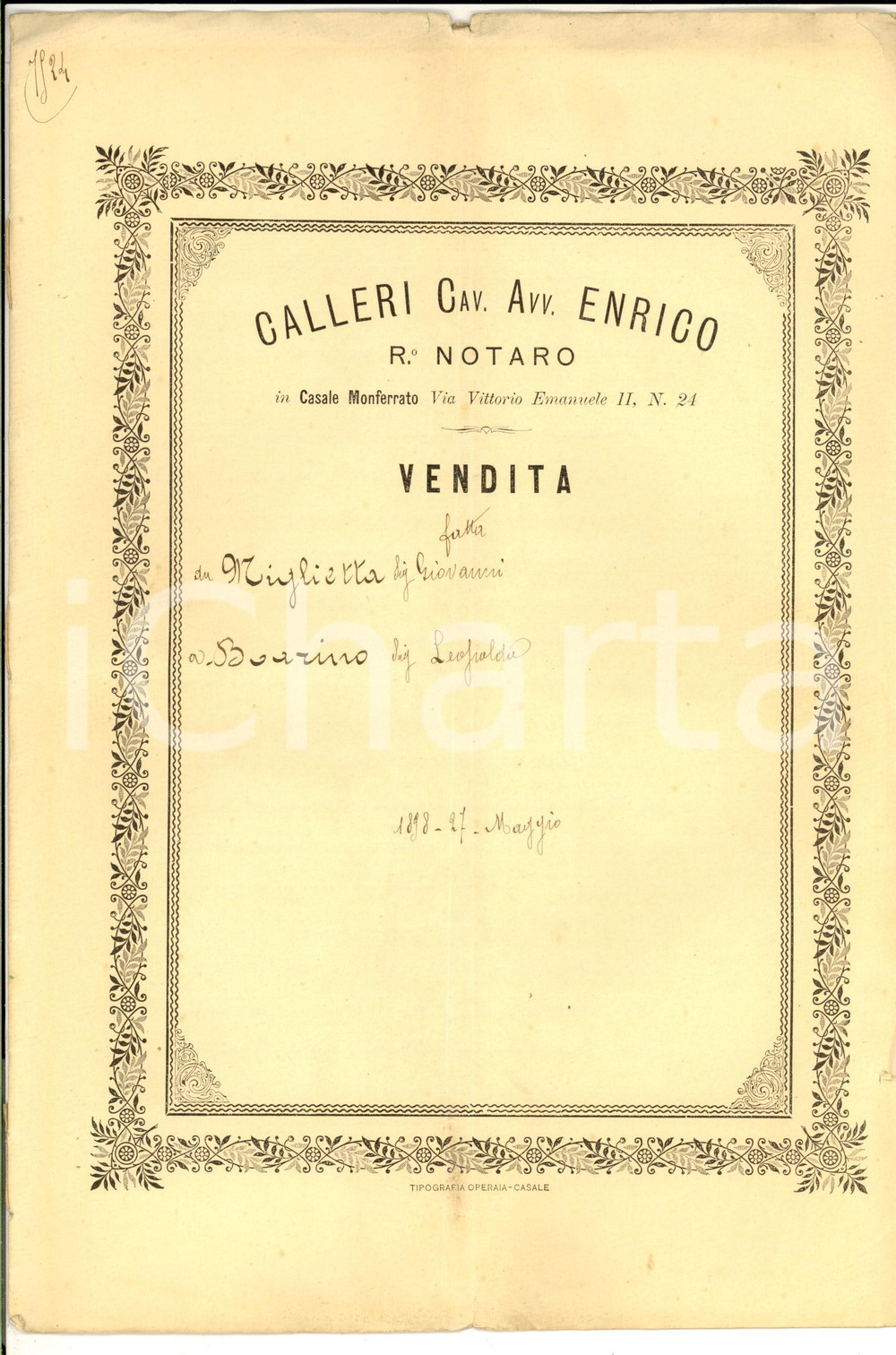 Documento originale, autentico 1898 CASALE MONFERRATO Giovanni MIGLIETTA vende vigna a Leopoldo BOARINO 1