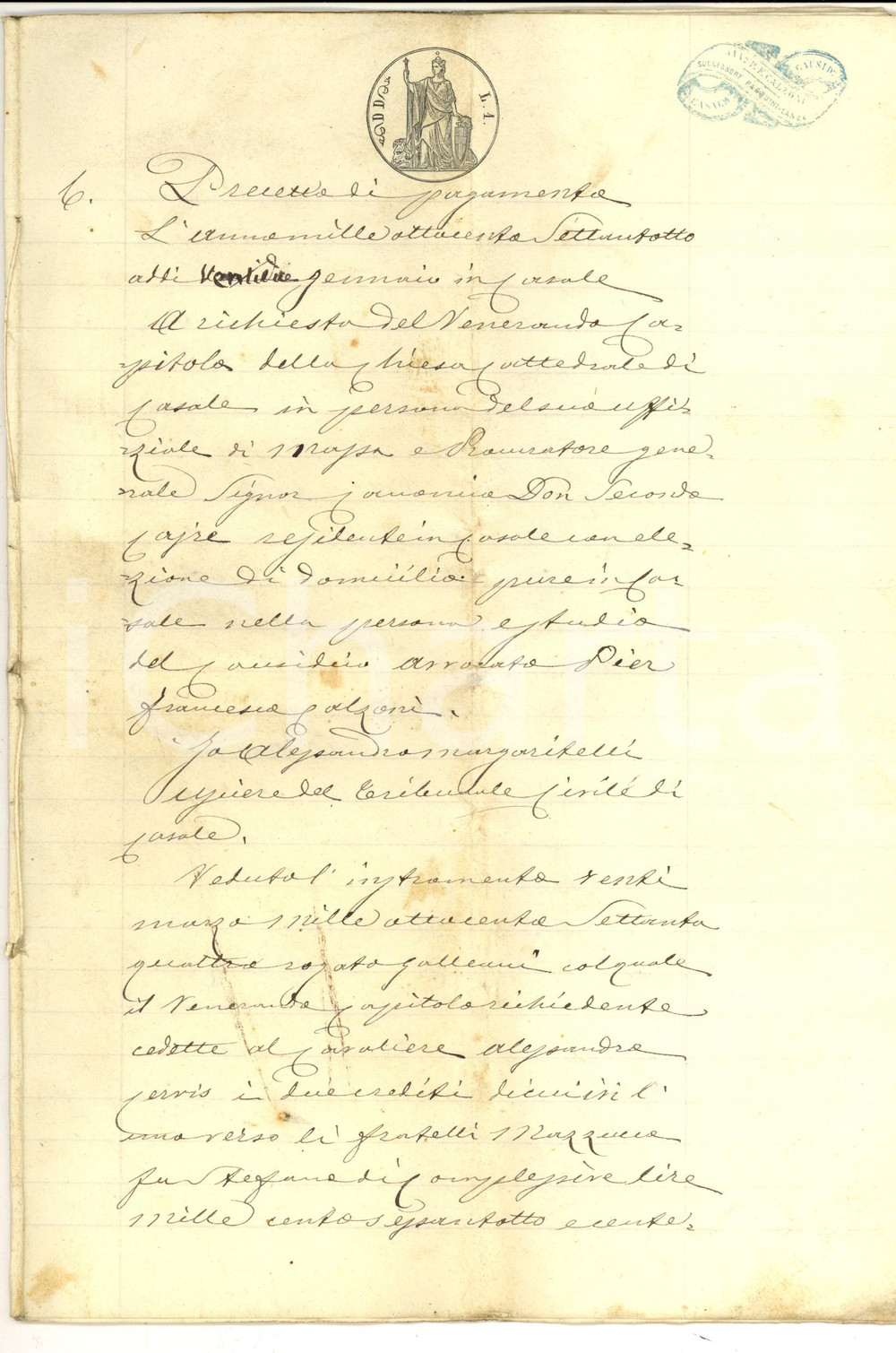 Documento originale, autentico 1878 CASALE MONFERRATO Ingiunzione pagamento ad Alessandro CERVIS pro cattedrale 1