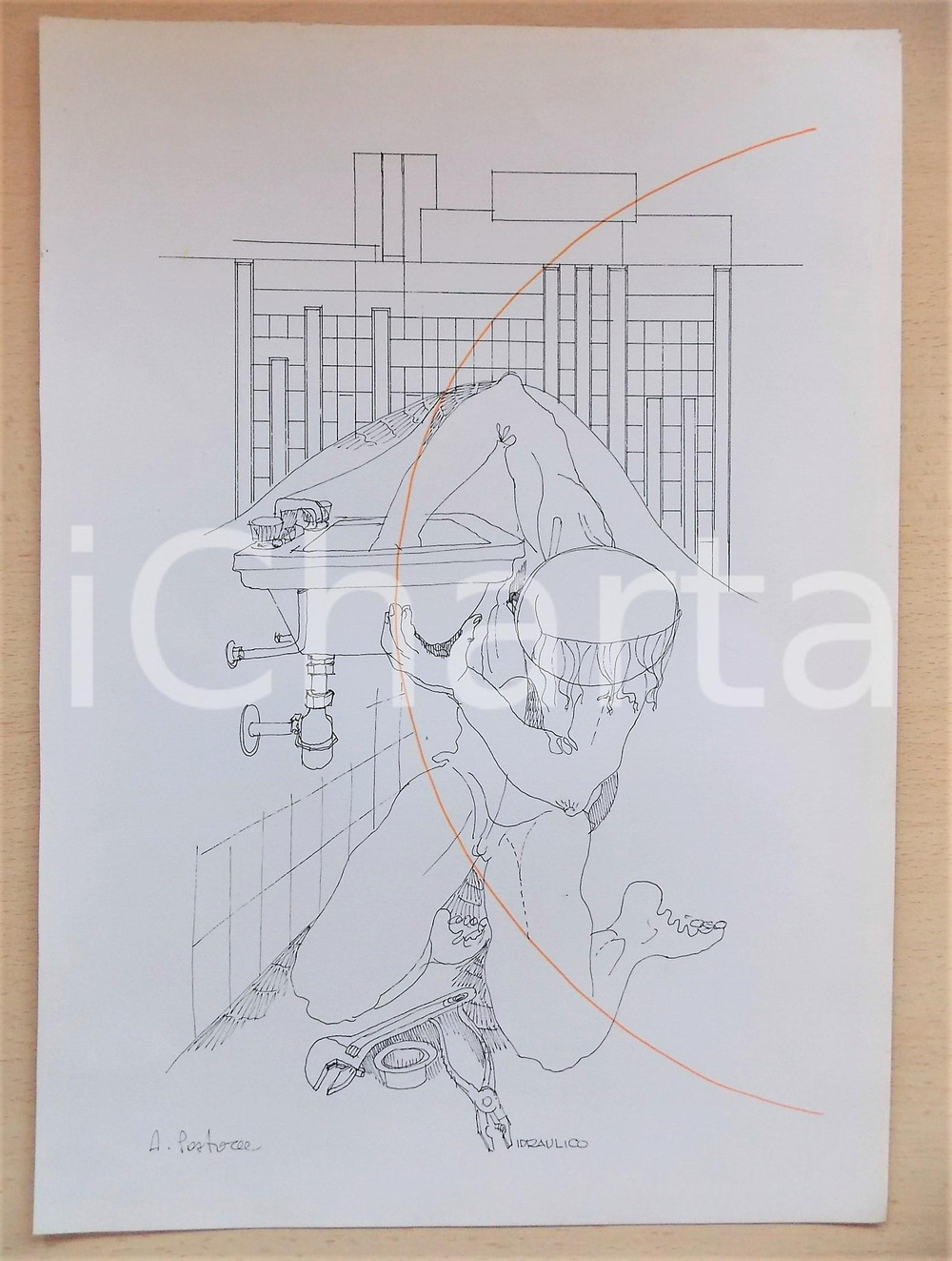 Opera d’arte autentica 1980 ca ARTE Idraulico  China su carta FIRMATO A. PASTORE 25x35 cm 1