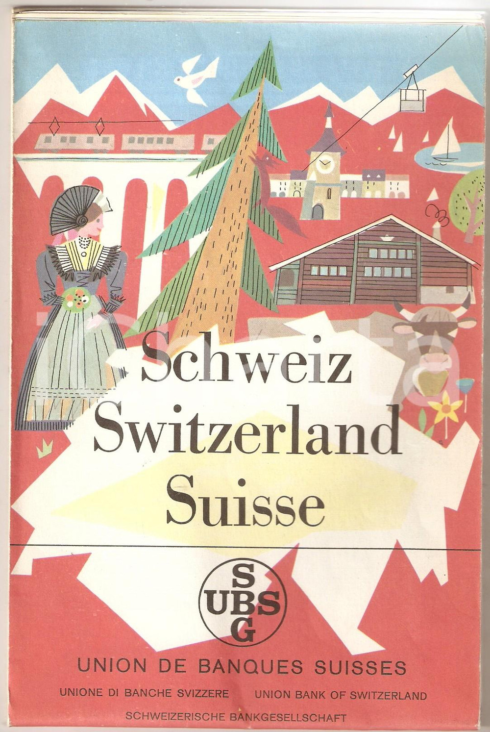 Mappa, planimetria storica 1963 UBS Union Bank of Switzerland  Mappa della SVIZZERA  ILLUSTRATA 59x90 cm 1