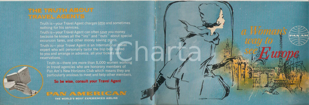 Materiale pubblicitario d’epoca 1963 PAN AMERICAN AIRWAYS A woman s way to see Europe Libretto ILLUSTRATO 15x10 1