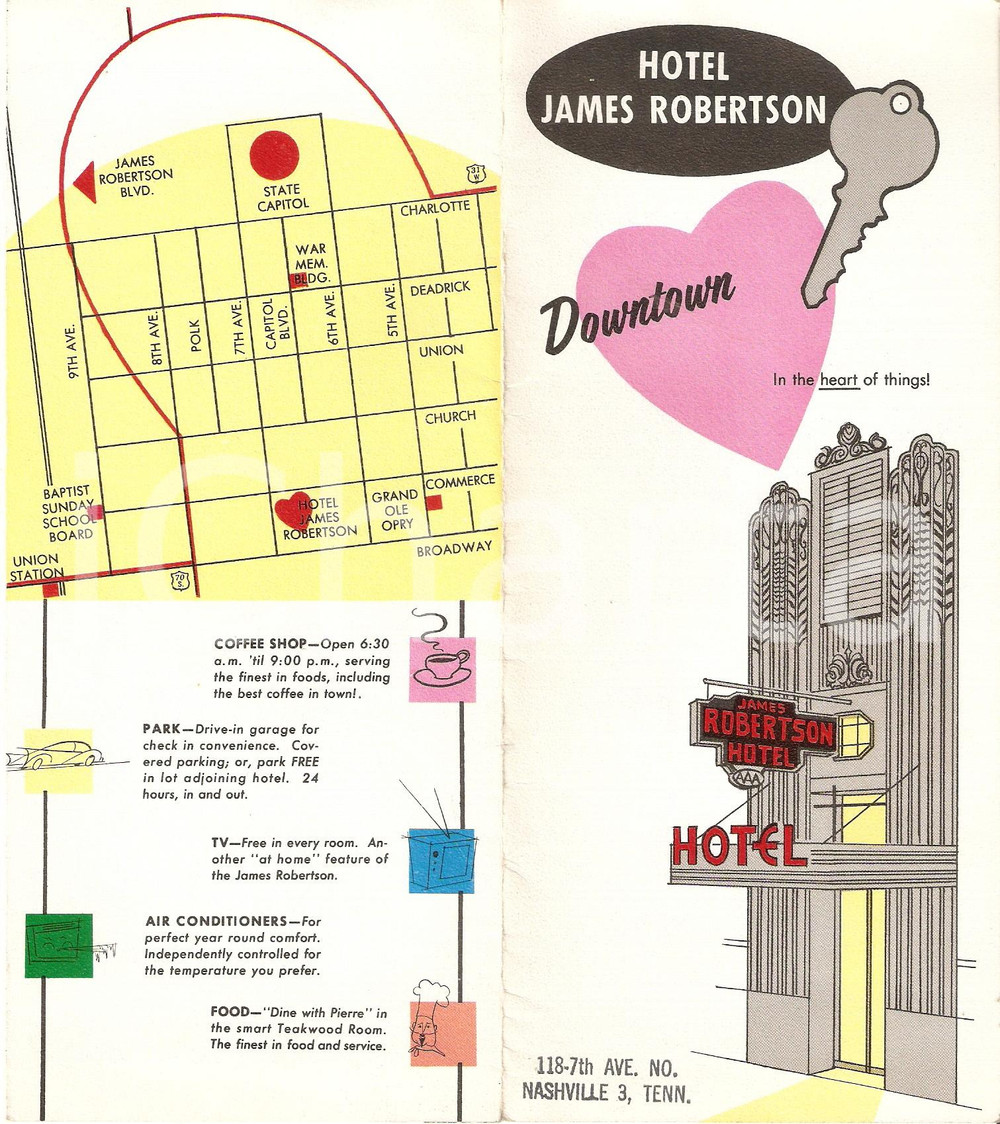 Materiale pubblicitario d’epoca 1965 ca NASHVILLE Hotel James Robertson Pieghevole ILLUSTRATO 9x21 cm 1