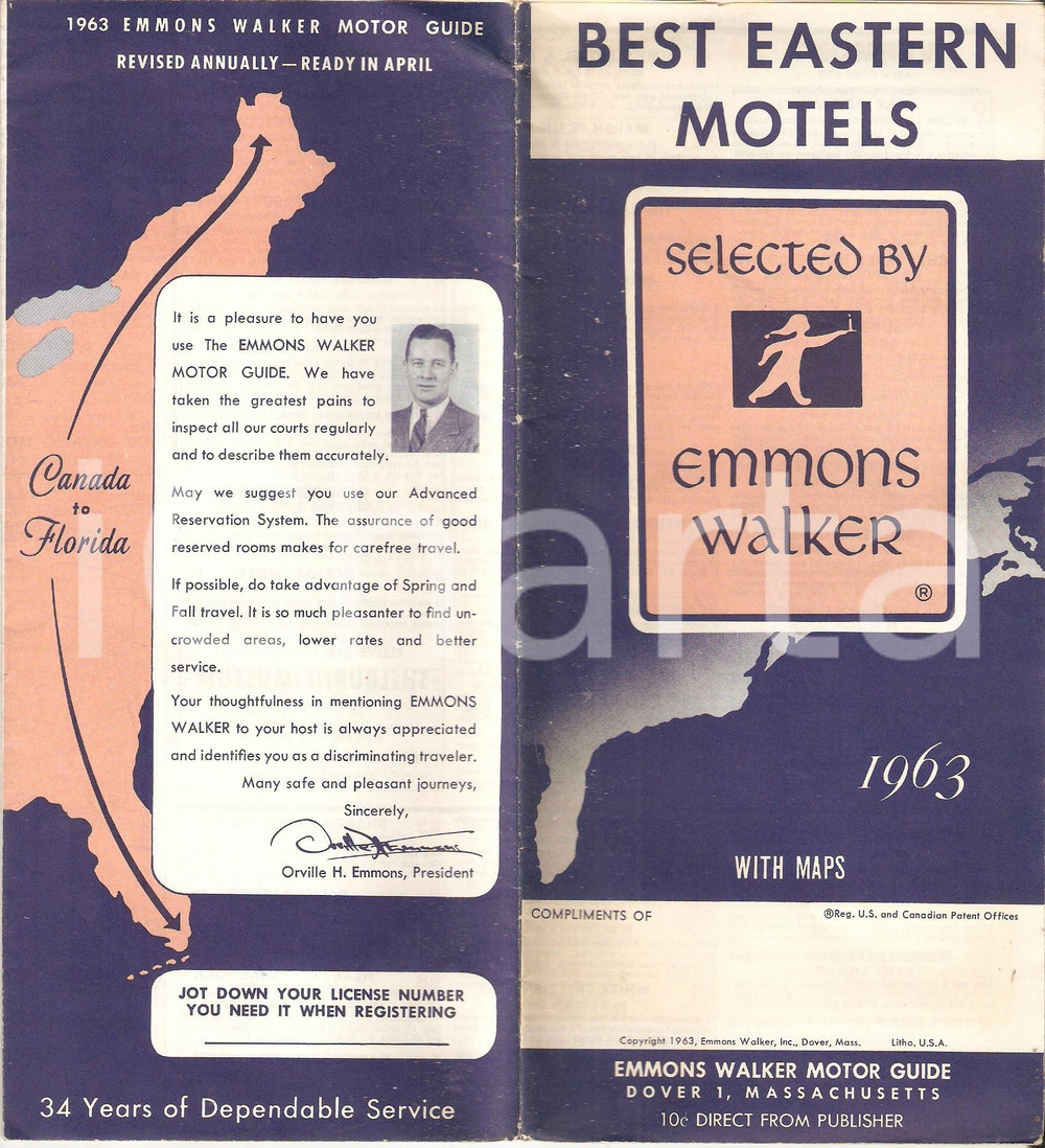 Materiale pubblicitario d’epoca 1963 EMMONS WALKER MOTOR GUIDE Best eastern motels  Pieghevole con mappa 11x23 1