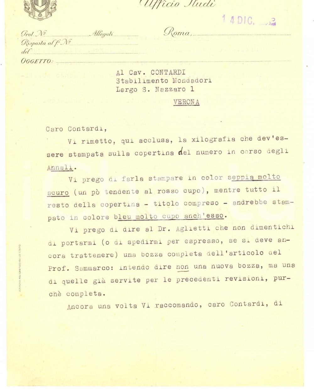 Manoscritto, lettera originale 1940 ca ROMA Ministero Africa Italiana  Lettera Angelo PICCIOLI stampa ANNALI 1