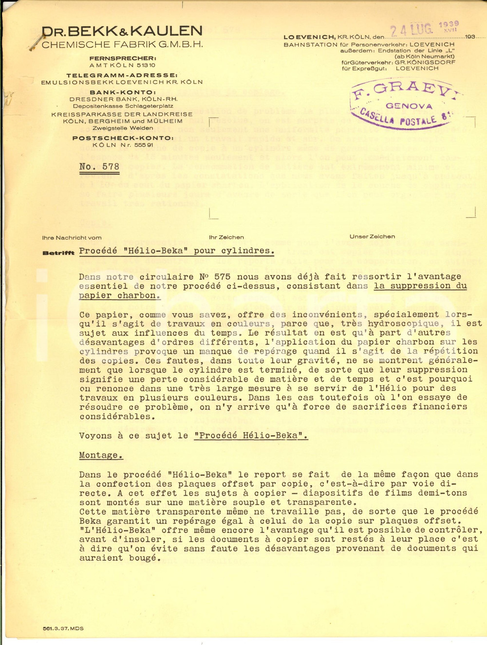 Documento originale, autentico 1939 KOLN BEKK&KAULEN Chemische Fabrik  Procedimento HELIOBEKA per cilindri 1