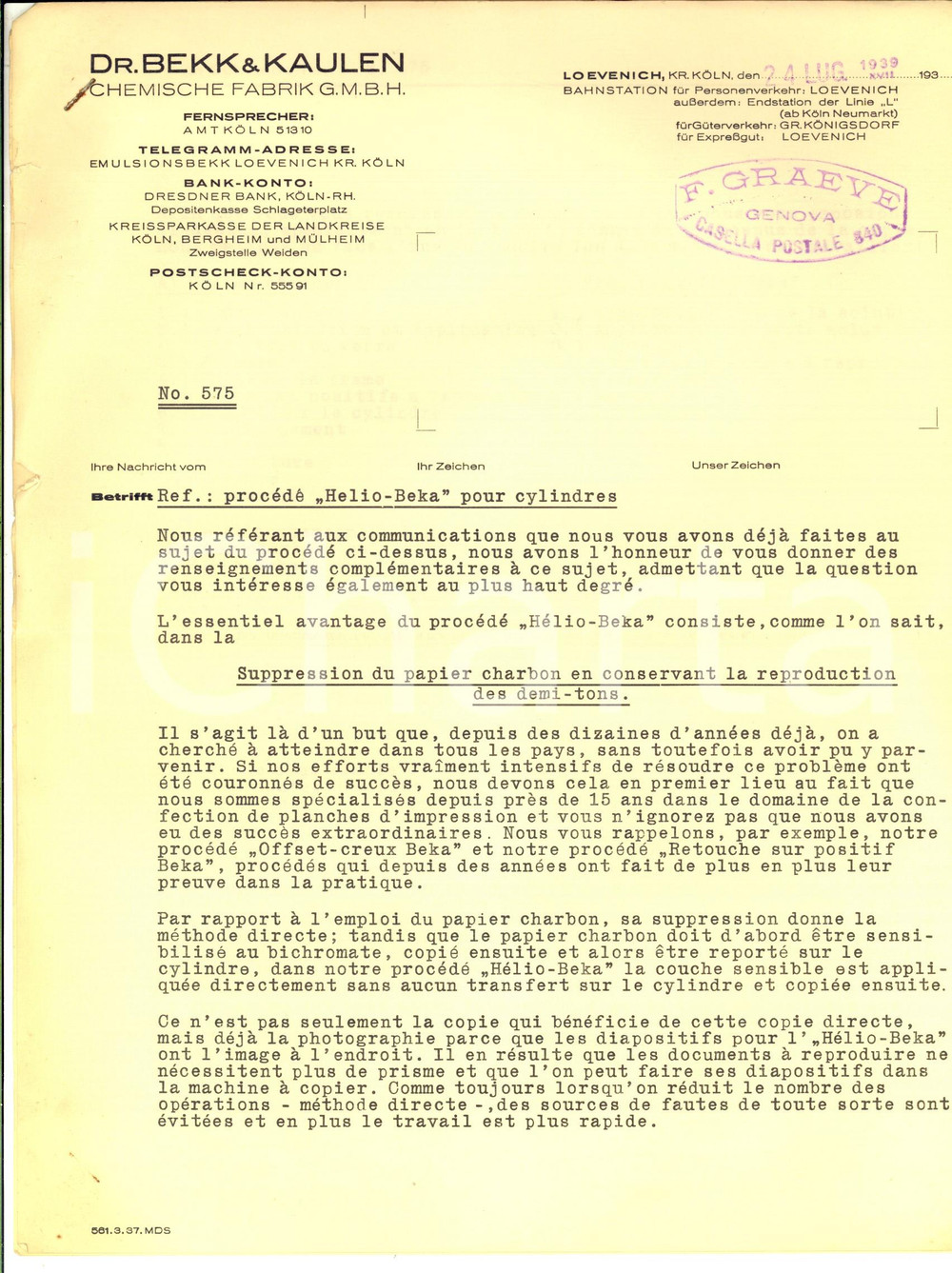 1939 KOLN Dr. BEKK&KAULEN Chemische Fabrik - Lettera procedimento HELIO-BEKA