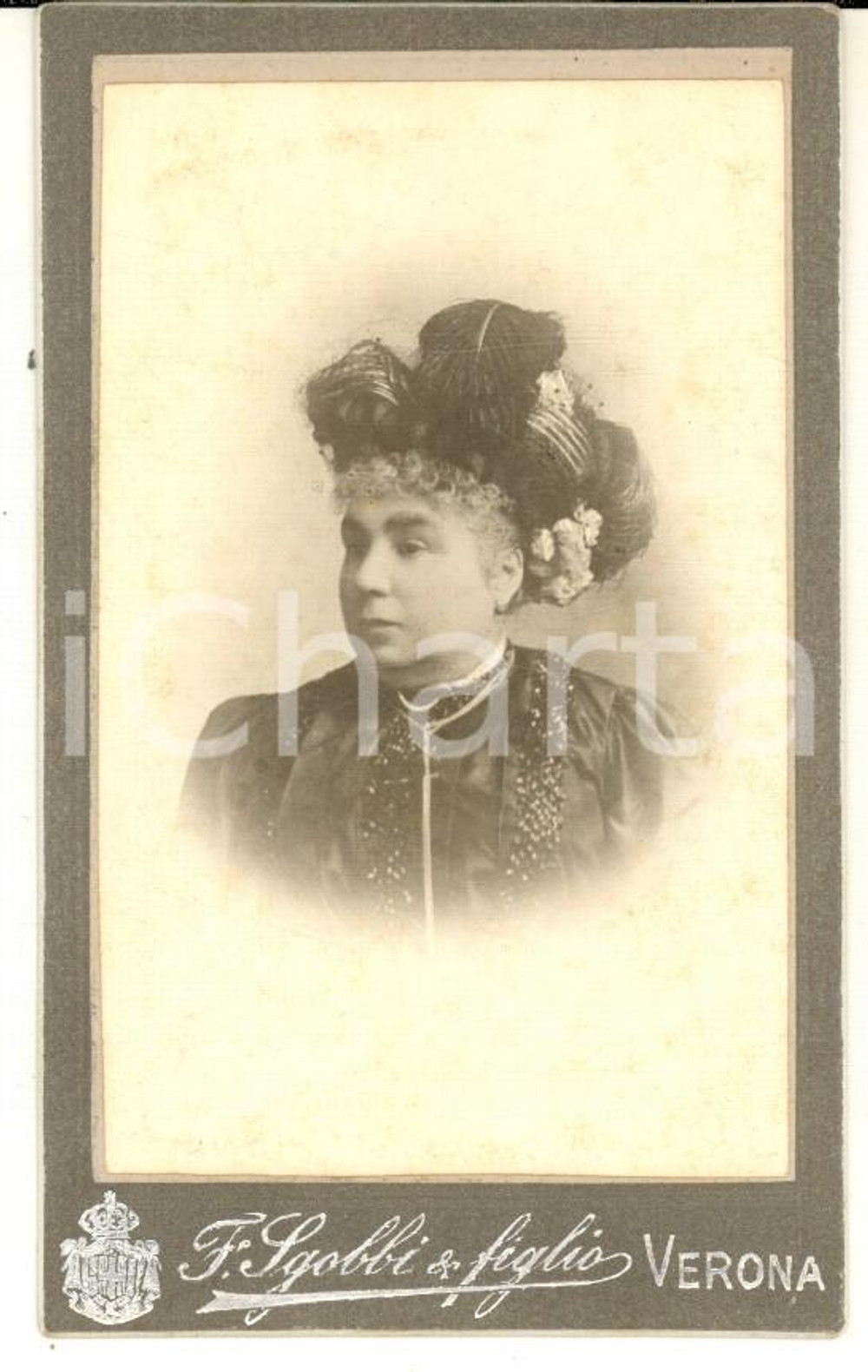 Fotografia d epoca originale 1880 ca VERONA Ritratto di donna con cappellino di piume Foto SGOBBI CDV 1
