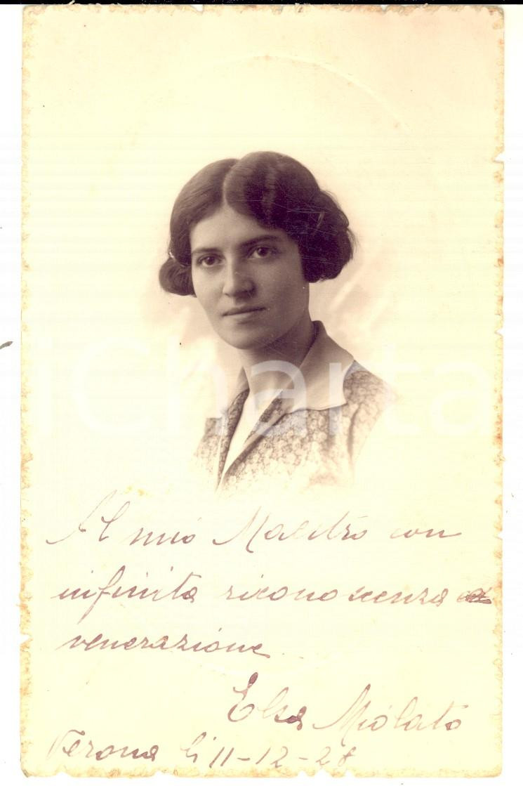 Fotografia d epoca originale 1928 VERONA Ritratto di Elsa MOLATO con dedica Foto cartolina SOMETTI 1