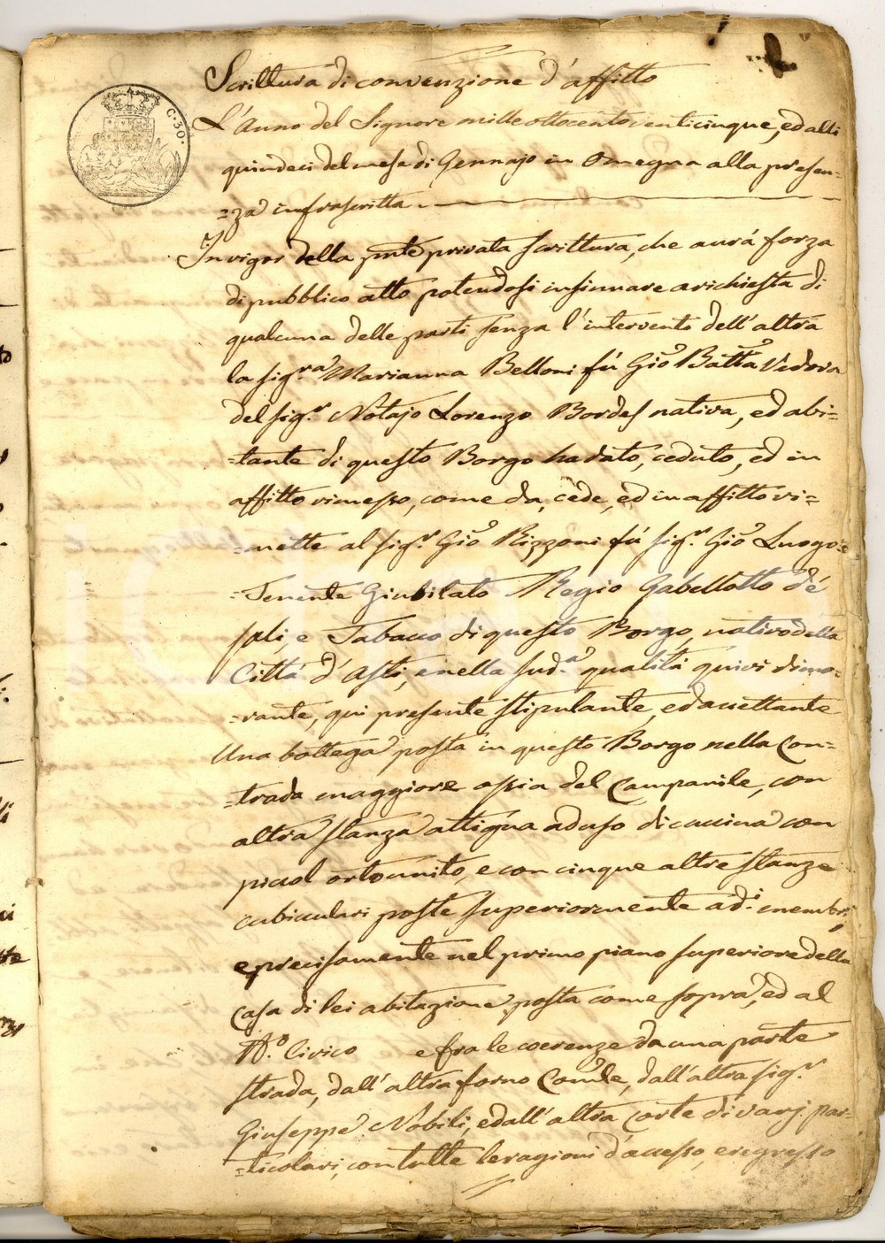 Documento originale, autentico 18251837 OMEGNA Marianna BELLONI vs Giovanni RIZZONI per affitto bottega 44 pp. 1