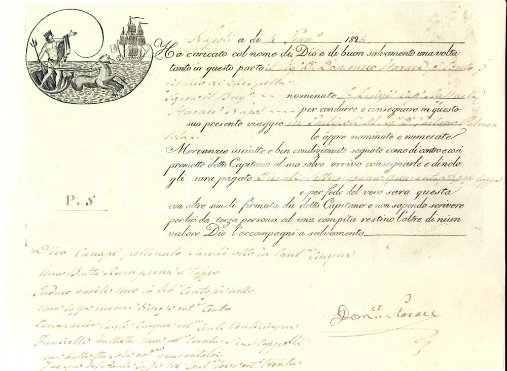 1825 PORTO DI NAPOLI Ricevuta Domenico STARACE per imbarco canapa e rum su nave