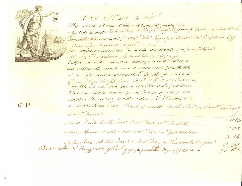 Documento originale, autentico 1819 PORTO DI NAPOLI Ricevuta Bernardo RUGGIERO per imbarco merci su polacca 1