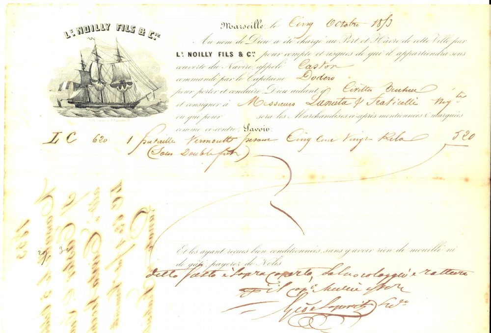 1853 MARSEILLE Louis NOILLY Fils & C. - Ricevuta imbarco vermouth su nave CASTOR