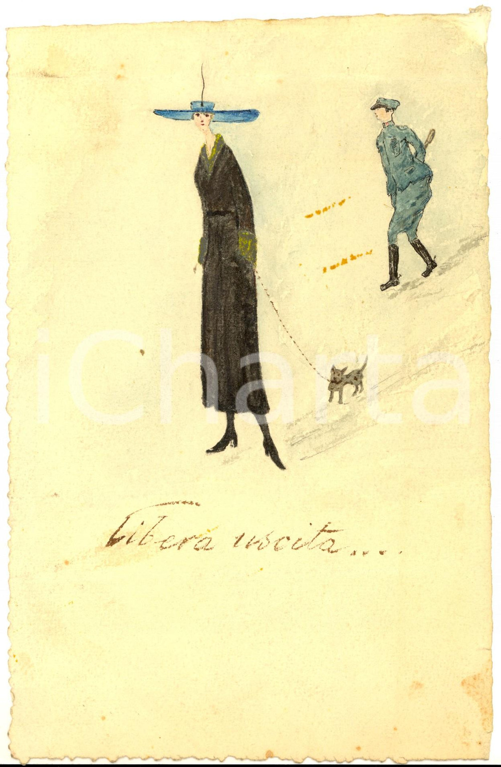 Opera d’arte autentica 1920 ca ARTE Libera uscita  L ufficiale e la signora  Acquerello su carta 1