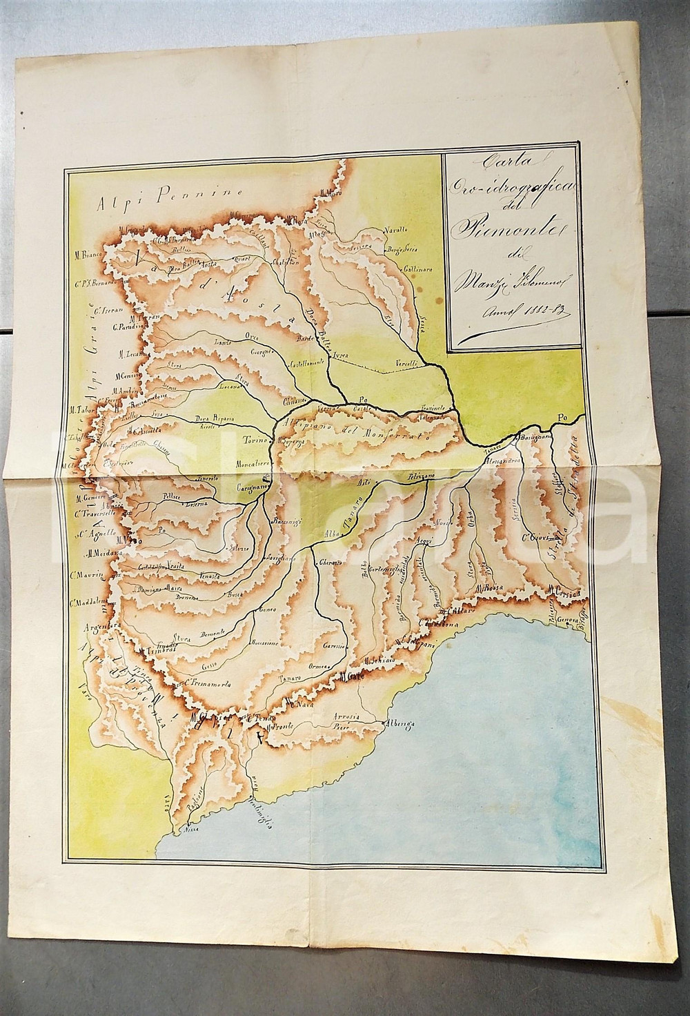 Mappa, planimetria storica 1883 PIEMONTE Carta oroidrografica  Disegnata a mano e acquerellata 40x60 cm 1
