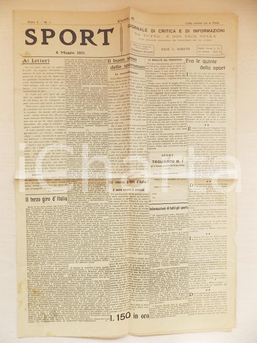 Giornale, rivista storica 1911 MILANO SPORT  Giornale di critica  Pronostico Giro d Italia Anno I nÂ° 1 1