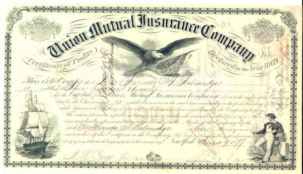 Documento originale, autentico 1877 UNION MUTUAL INSURANCE COMPANY Certificate of profits  Frances A. SALMADGE 1