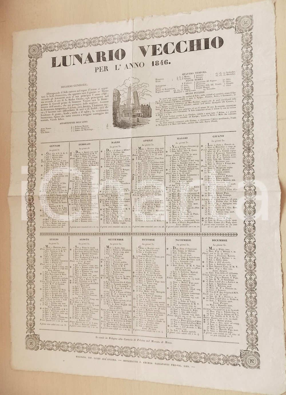 Stampa, bozzetto originale 1846 BOLOGNA LUNARIO VECCHIO per l anno 1846  Stampa tip. GUIDI  37x52 cm 1