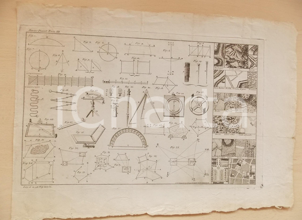 Stampa, bozzetto originale 1780 ca FranÃ§ois ROZIER  AGRICOLTURA  Tavola misurazioni e paesaggi 40x29 cm 1