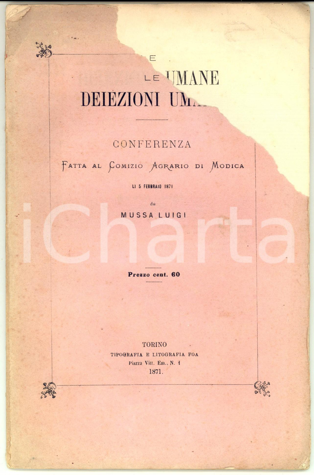 Libro, pubblicazione d epoca 1871 Luigi MUSSA Le deiezioni umane  Conferenza a Mosca  DANNEGGIATO 1