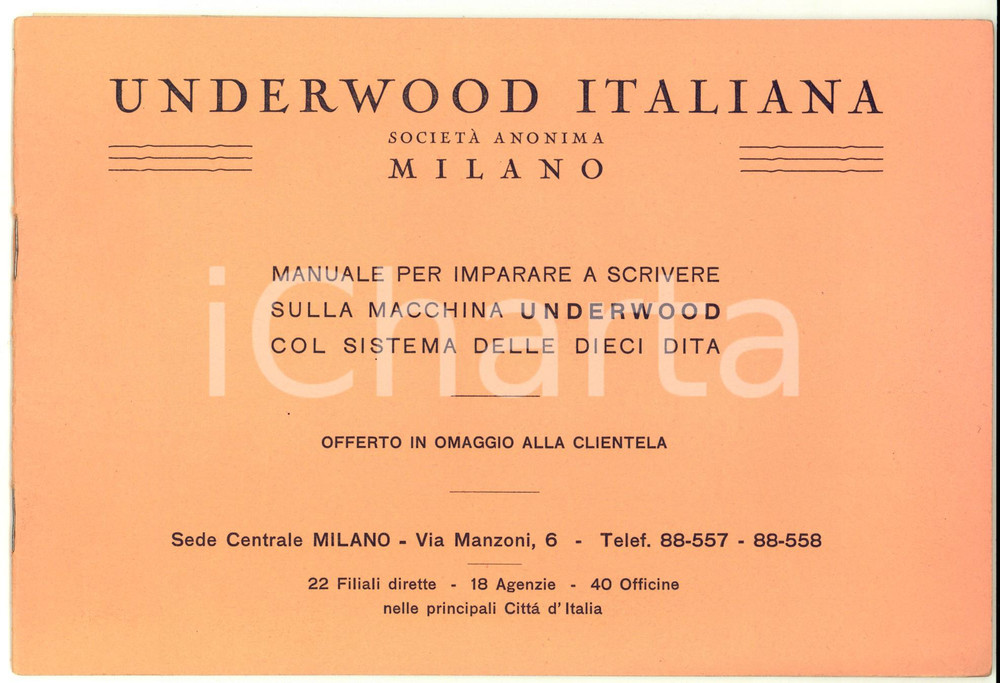 Libro, pubblicazione d epoca 1930 ca MILANO Manuale per imparare a scrivere su macchina UNDERWOOD  24 pp. 1
