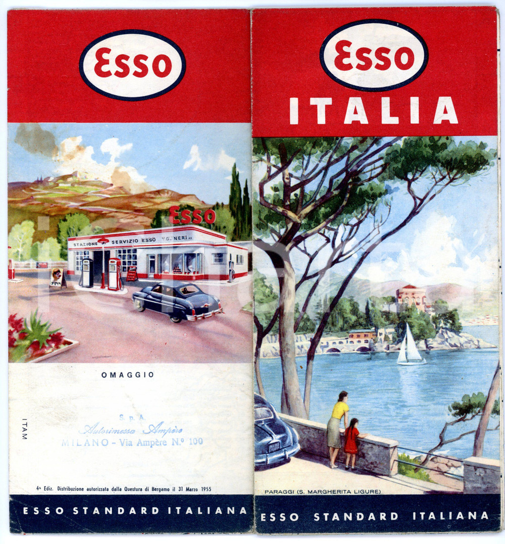 Materiale pubblicitario d’epoca 1955 ITALIA Cartina pubblicitaria illustrata ESSO  Pieghevole VINTAGE 10x21 cm 1