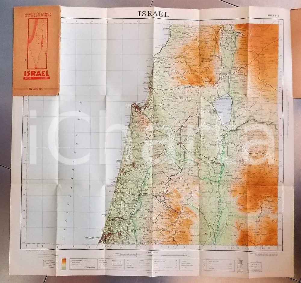 1958 MINISTRY OF LABOUR Cartina di Israele - Sheet 1 - 70x70 cm Cartina d'epoca. DIMENSIONI: 12x23 - Cartina aperta: 70x70 cm CONDIZIONI: FAIR (piccoli strappi)    originale e autentica 1
