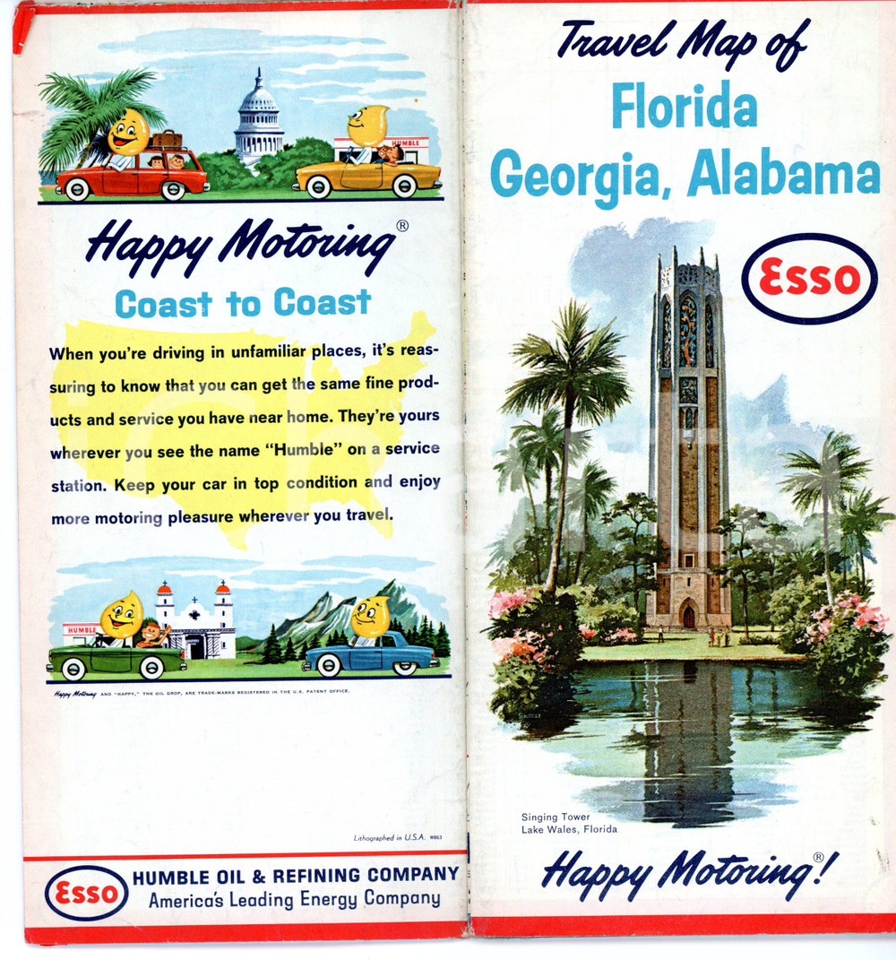 Materiale pubblicitario d’epoca 1962 ESSO Travel map of FLORIDA  GEORGIA  ALABAMA Pieghevole VINTAGE 10x21 cm 1