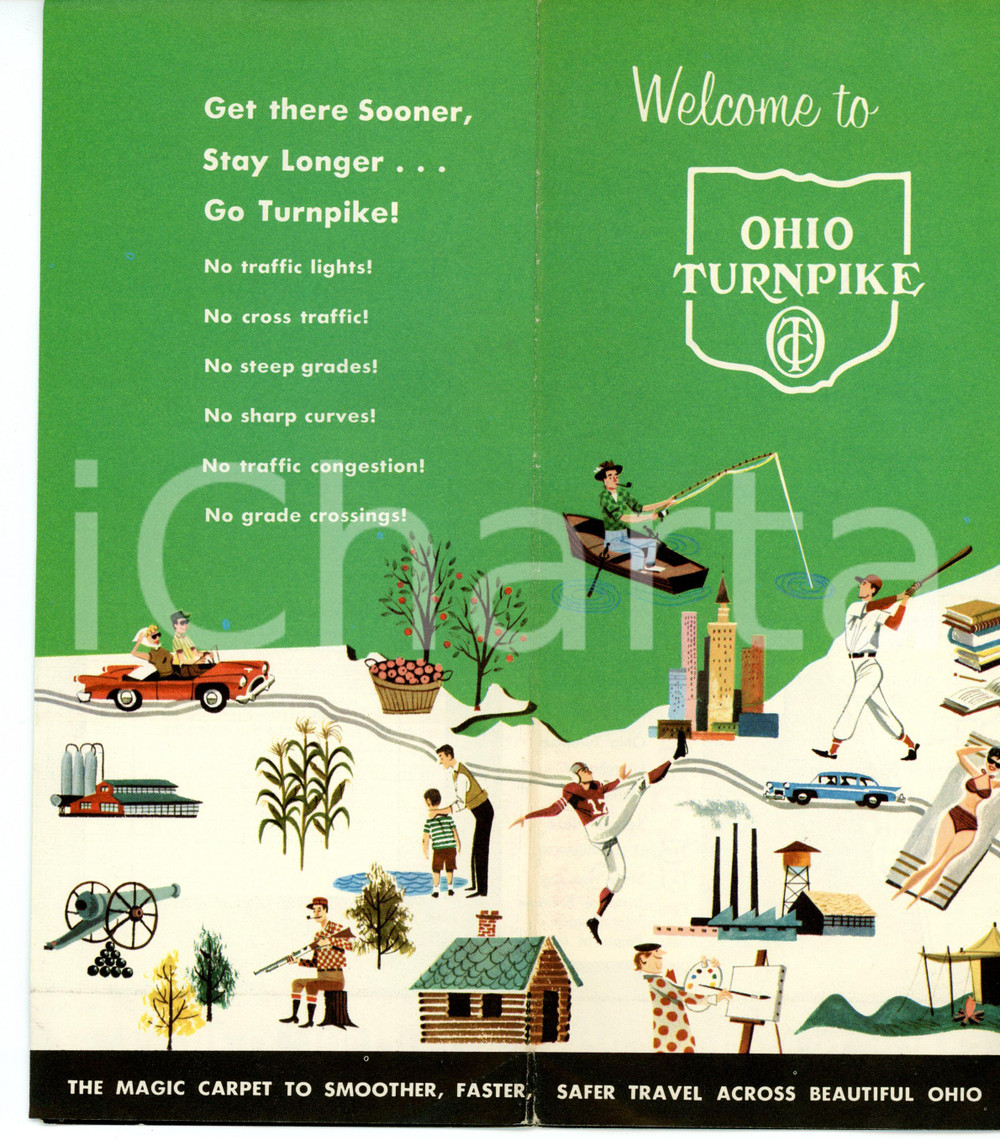 Materiale pubblicitario d’epoca 1955 ca OHIO TURNPIKE Map and services Pieghevole illustrato 10x23 cm 1