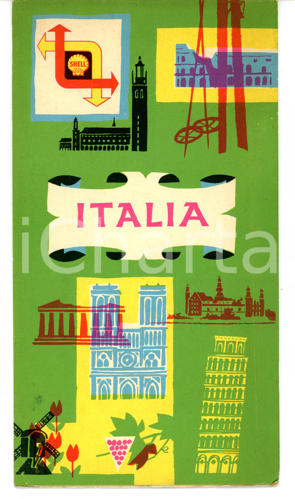 Materiale pubblicitario d’epoca 1957 SHELL Mappa stradale ITALIA Pieghevole VINTAGE 12x22 cm 1