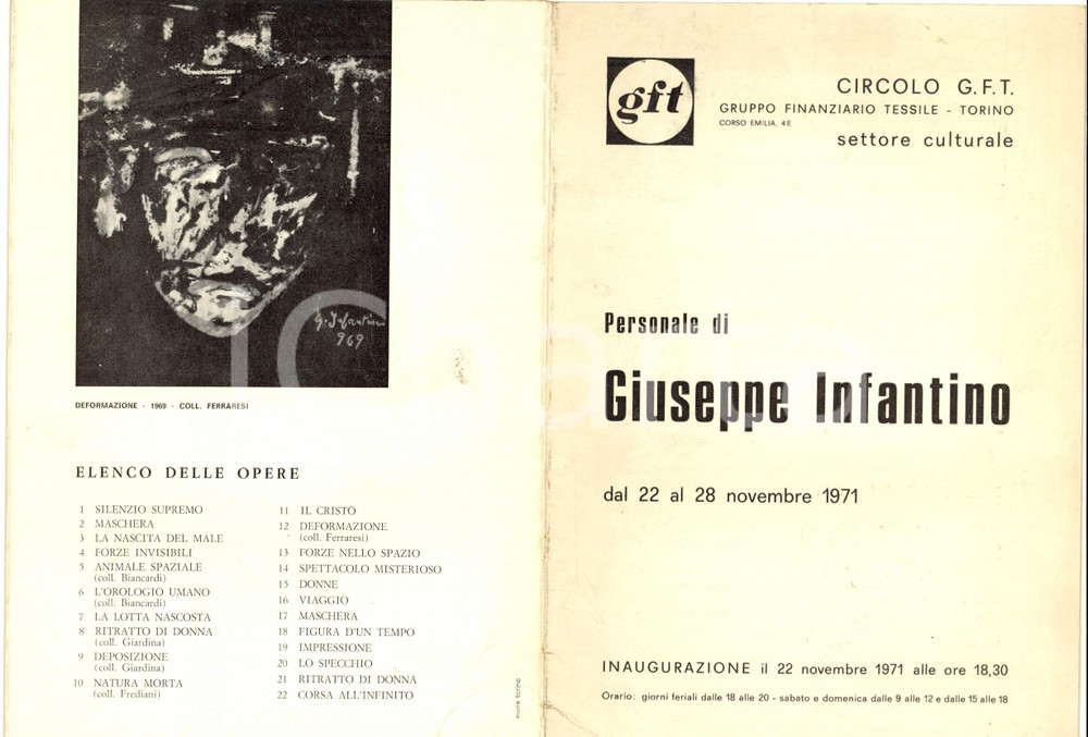 Materiale pubblicitario d’epoca 1971 TORINO Circolo G.F.T.  Mostra Giuseppe INFANTINO Pieghevole ILLUSTRATO 1