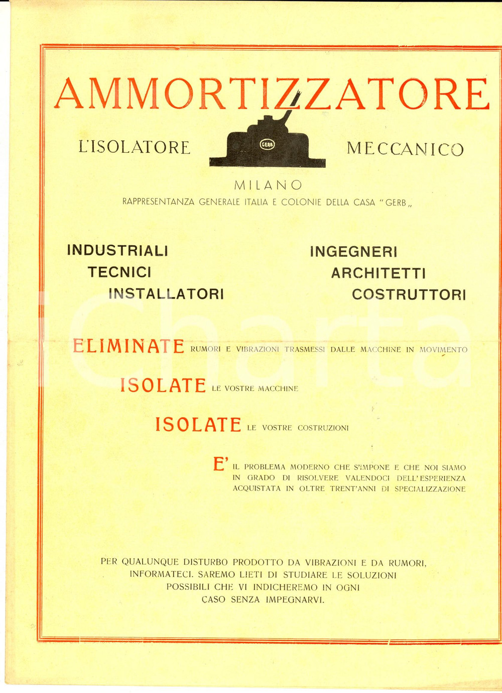 Materiale pubblicitario d’epoca 1940 ca MILANO Ammortizzatori e materiali antivibranti GERB  Pieghevole 1