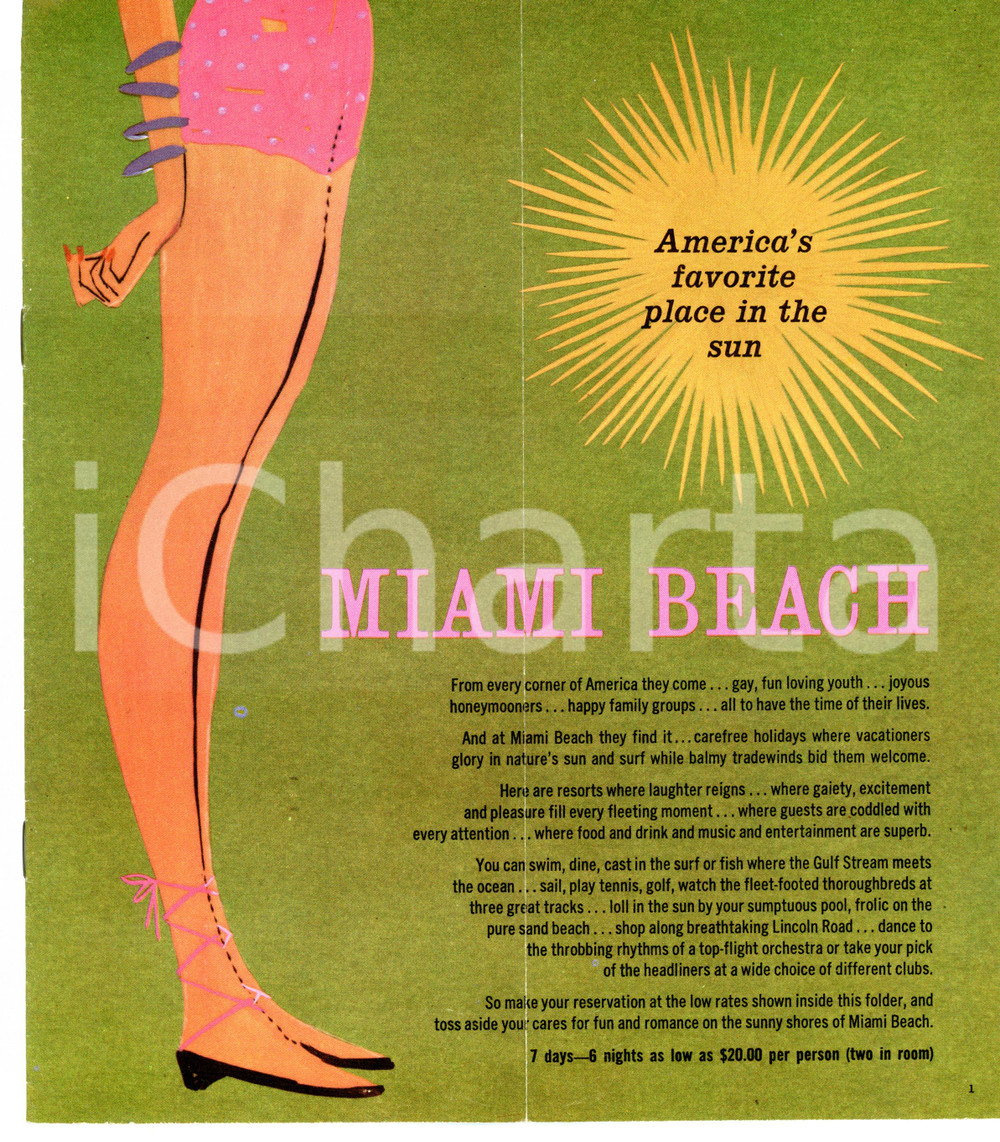 Materiale pubblicitario d’epoca 1964 AMERICAN EXPRESS Miami beach  Sun & fun holidays Pieghevole 10x23 cm 1