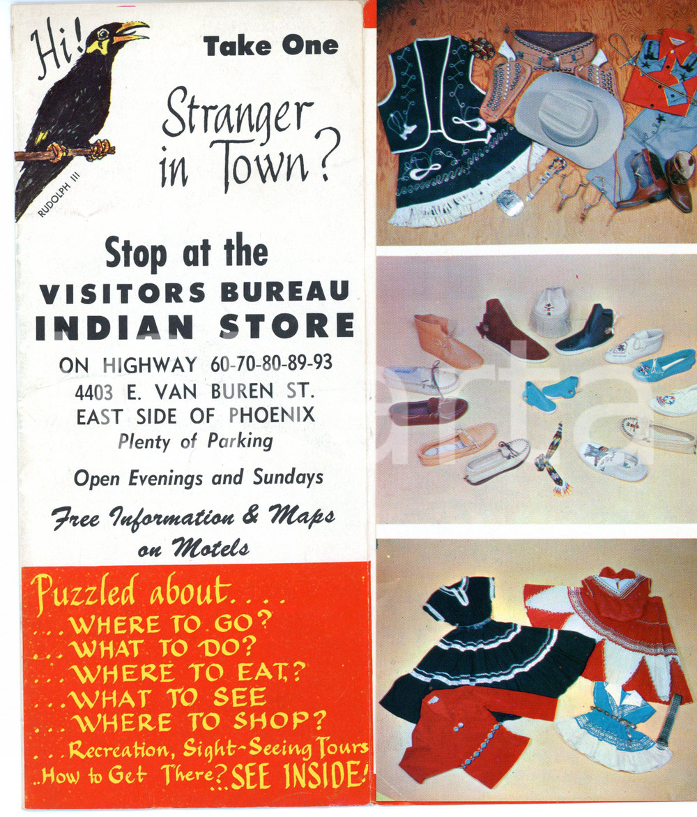 Materiale pubblicitario d’epoca 1960 ca PHOENIX Visitors bureau and indian store Pieghevole illustrato 10x23 cm 1