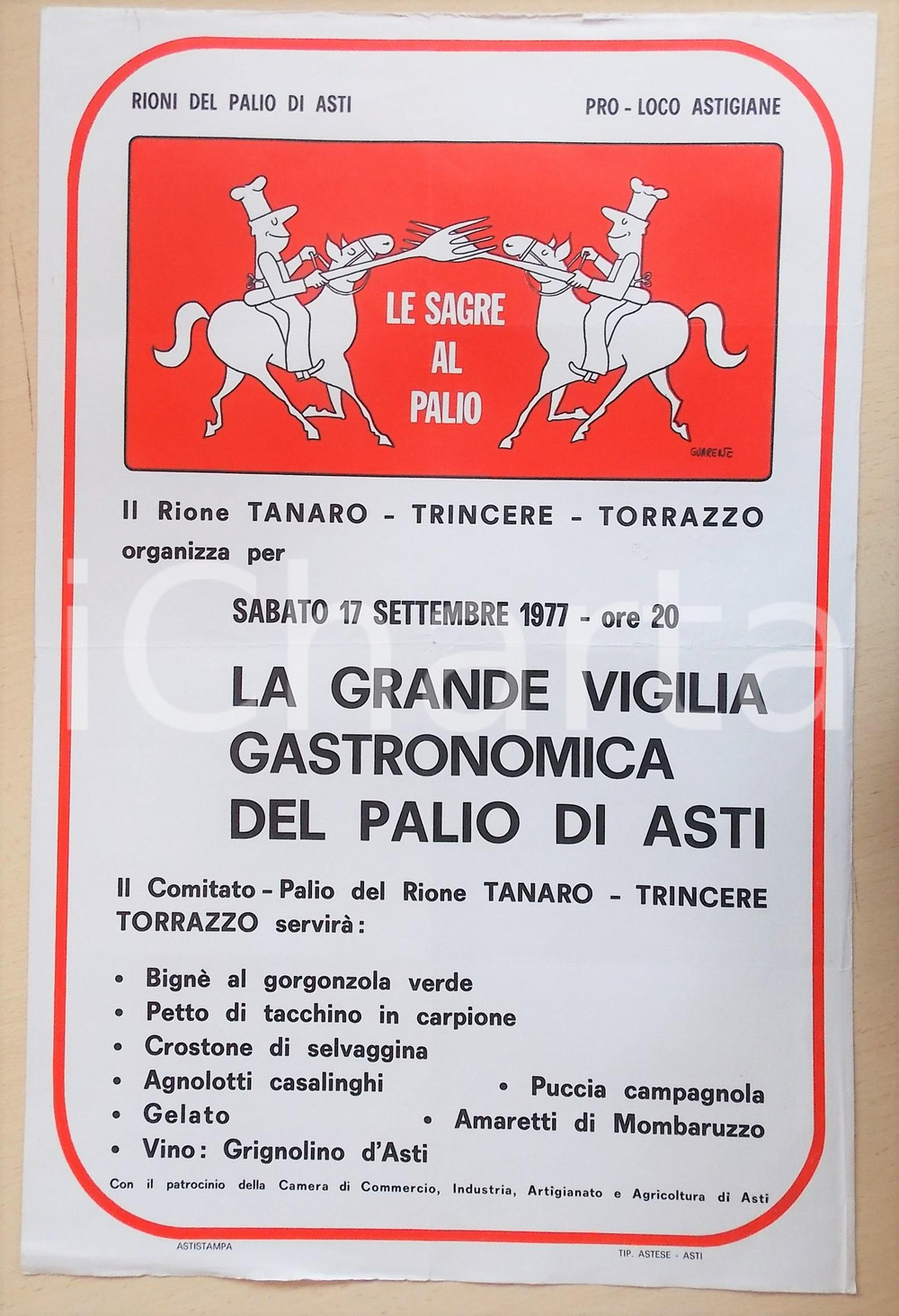 Materiale pubblicitario d’epoca 1977 PALIO DI ASTI Rione TANAROTRINCERETORRAZZO Locandina cena ill. GUARENE 1