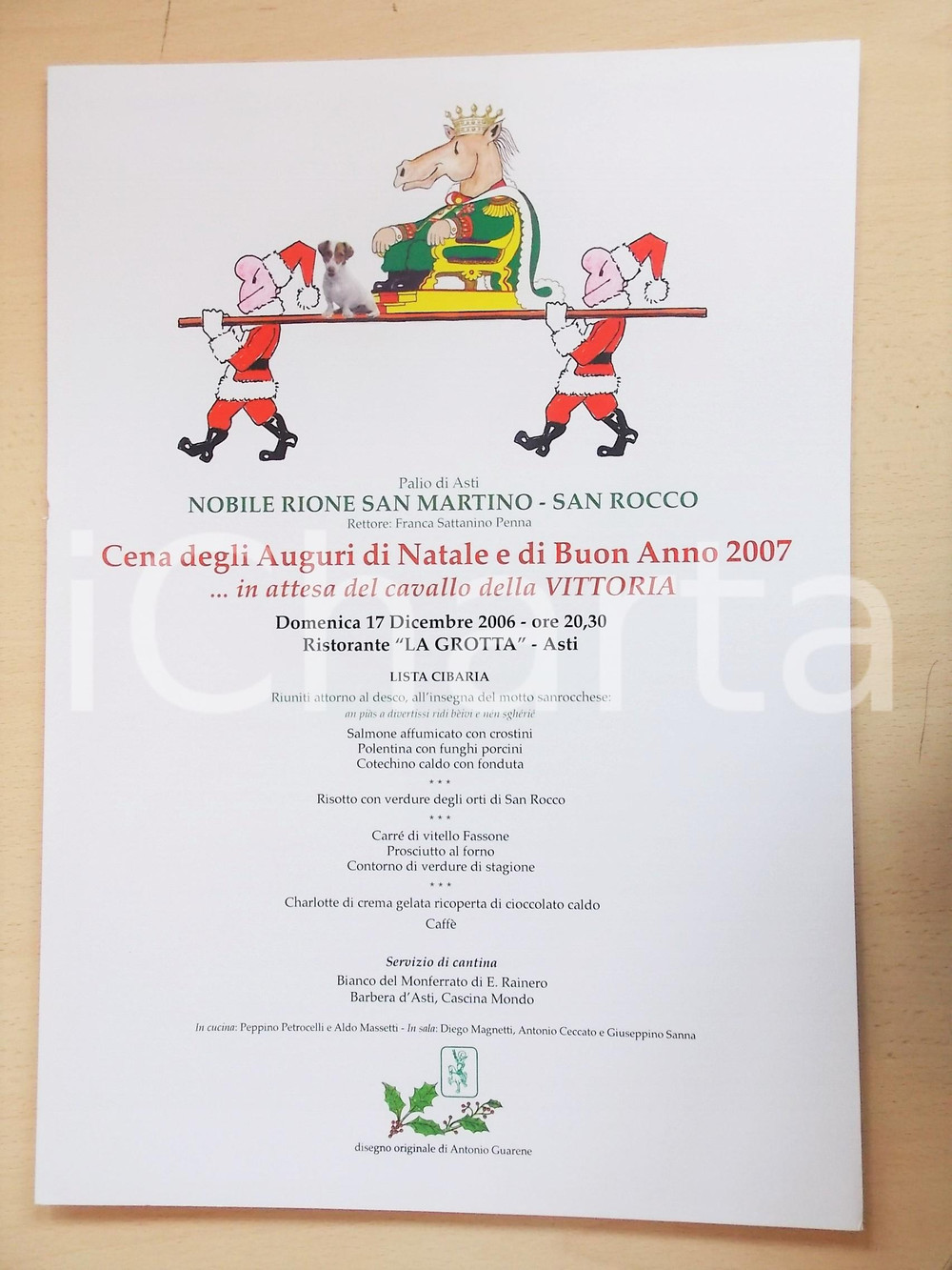 2006 PALIO DI ASTI Locandina cena Natale - SAN MARTINO / SAN ROCCO ill. GUARENE  Locandina originale, su carta pesante.E' contenuto il men&ugrave; della cena presso il ristorante "La Grotta" di Asti.Illustratore: Antonio Guarene.CONDIZIONI:  G FORMATO: 30x45 cm    originale e autentica 1