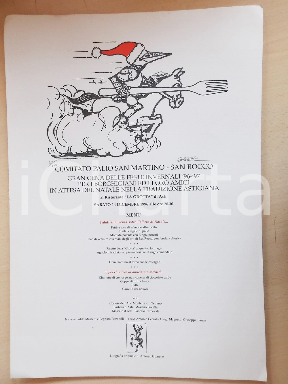 Materiale pubblicitario d’epoca 1996 PALIO DI ASTI Locandina Natale SAN MARTINO / SAN ROCCO ill. GUARENE 64/70 1