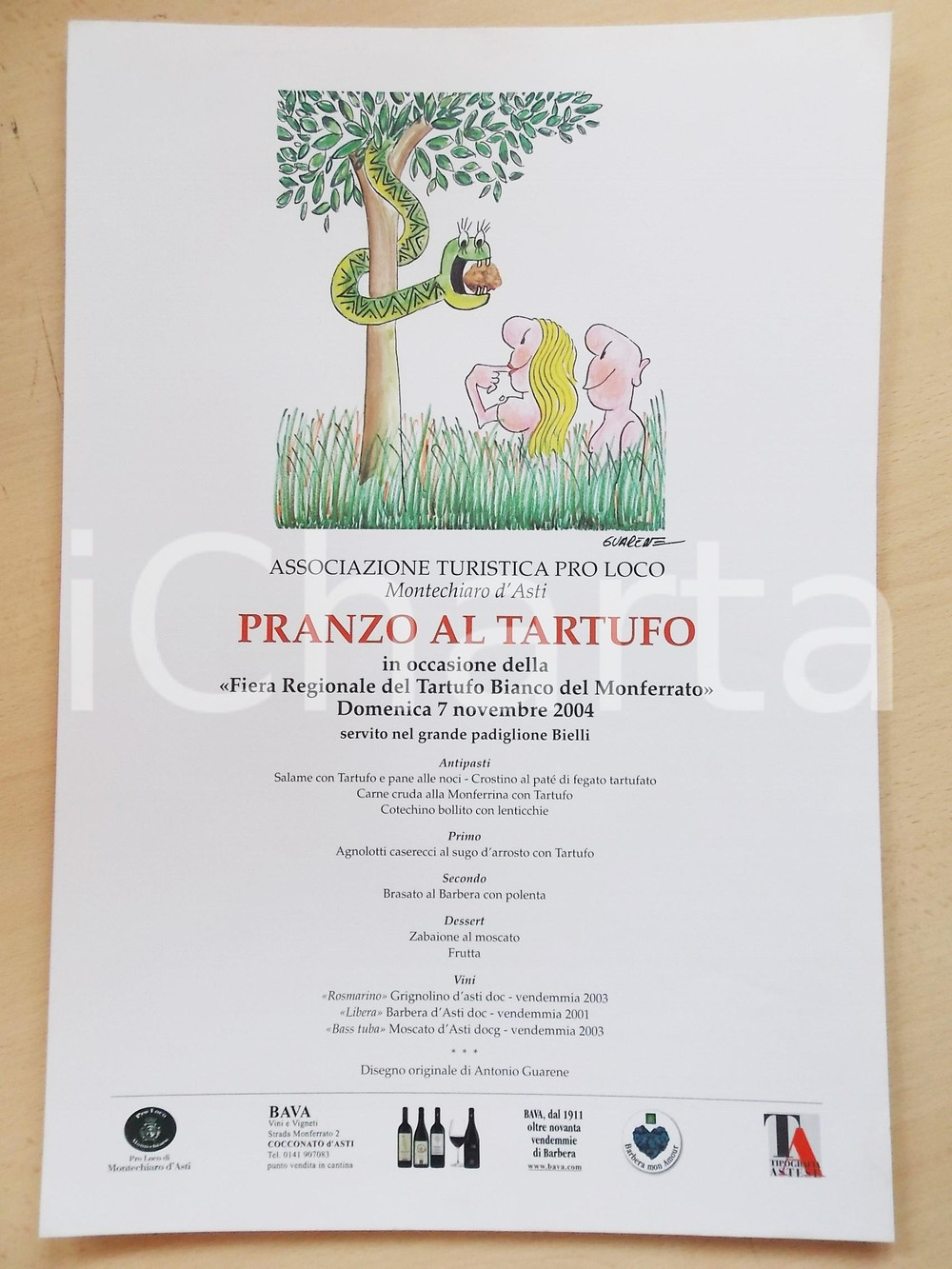 Materiale pubblicitario d’epoca 2004 MONTECHIARO D ASTI Fiera Tartufo Bianco  Locandina pranzo ill. GUARENE 1