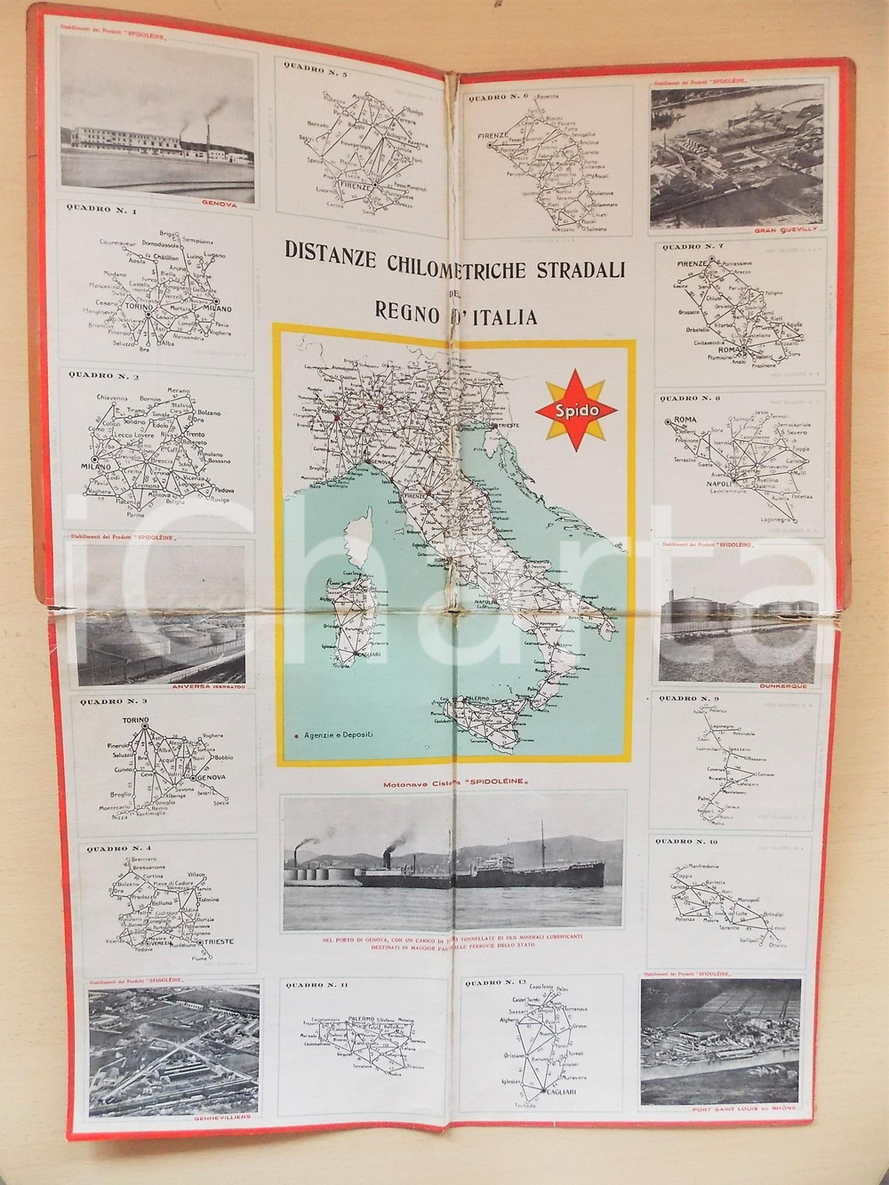 Mappa, planimetria storica 1940 ca REGNO D ITALIA Distanze chilometriche stradali  Mappa SPIDO 37x50 cm 1