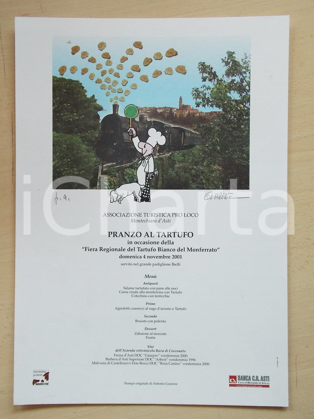 Materiale pubblicitario d’epoca 2001 MONTECHIARO D ASTI Fiera Tartufo Bianco  Locandina ill. GUARENE Autografo 1