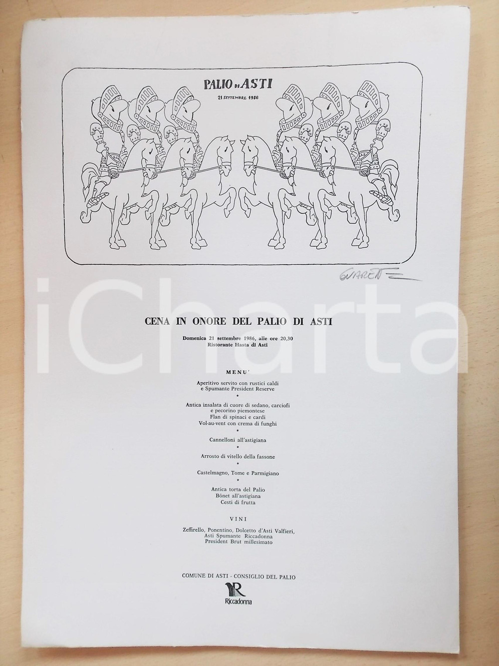 Materiale pubblicitario d’epoca 1986 PALIO DI ASTI Locandina cena ristorante HASTA  ill. GUARENE Autografo 1