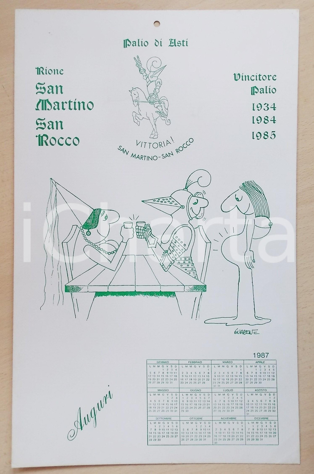 Materiale pubblicitario d’epoca 1987 PALIO DI ASTI Locandina vittoria SAN MARTINO / SAN ROCCO ill. GUARENE 1