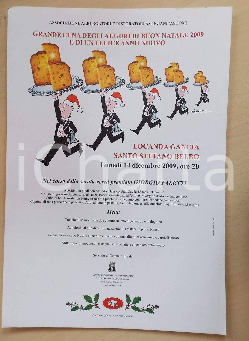 Materiale pubblicitario d’epoca 2009 ASTI ASCOM Locandina cena Natale con Giorgio Faletti ill. GUARENE 1