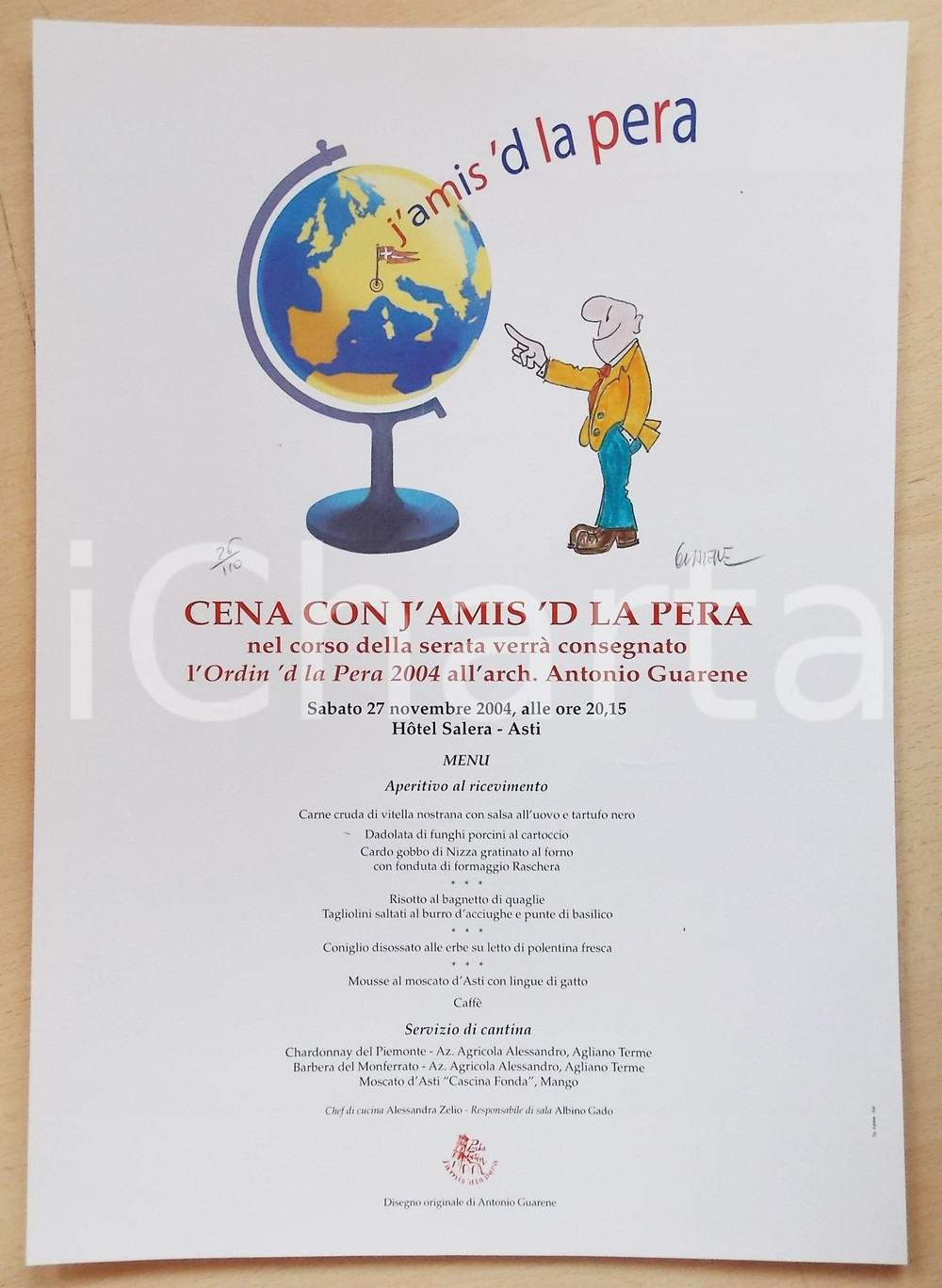 Materiale pubblicitario d’epoca 2004 ASTI Locandina cena J  AMIS  D LA PERA   ill. GUARENE Autografo 26/110 1