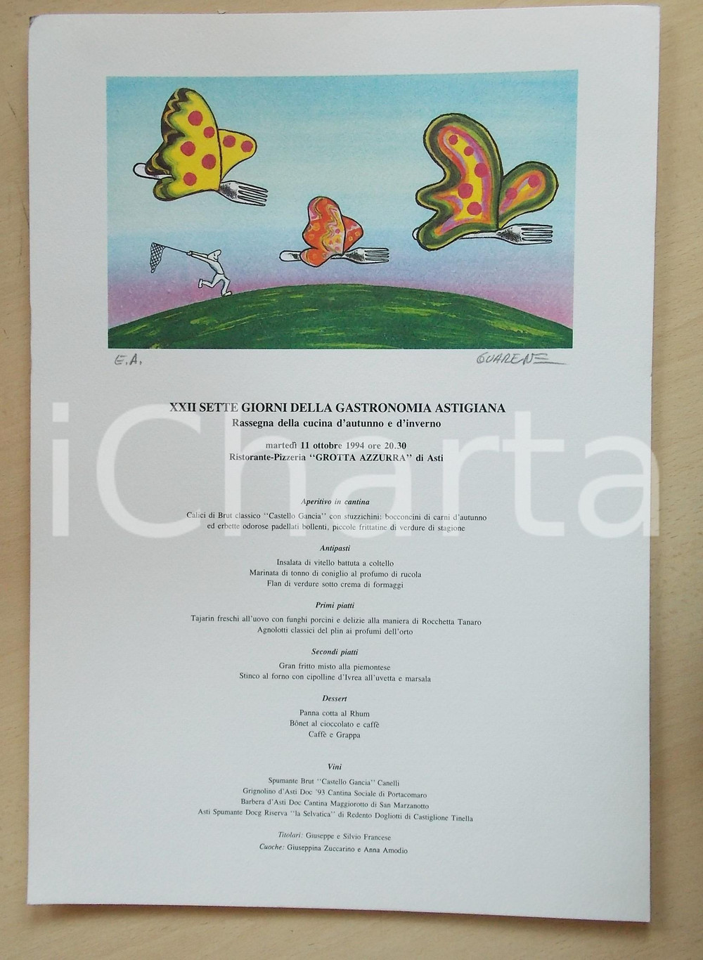 Materiale pubblicitario d’epoca 1994 ASTI Locandina Sette Giorni Gastronomia Astigiana ill. GUARENE Autografo 1