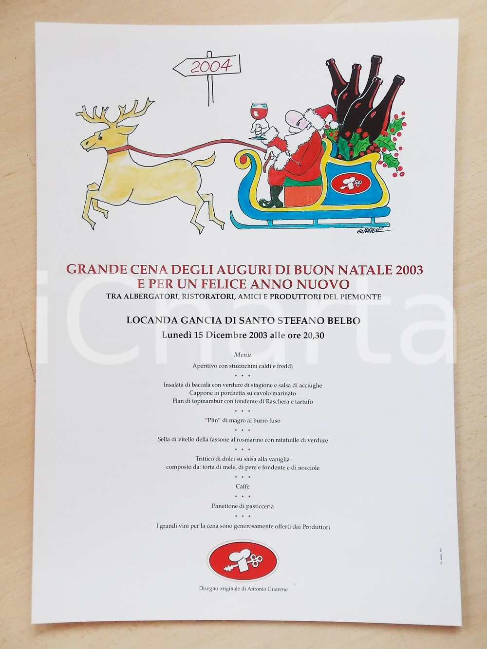 Materiale pubblicitario d’epoca 2003 SANTO STEFANO BELBO Locandina cena albergatori Piemonte ill. GUARENE 1