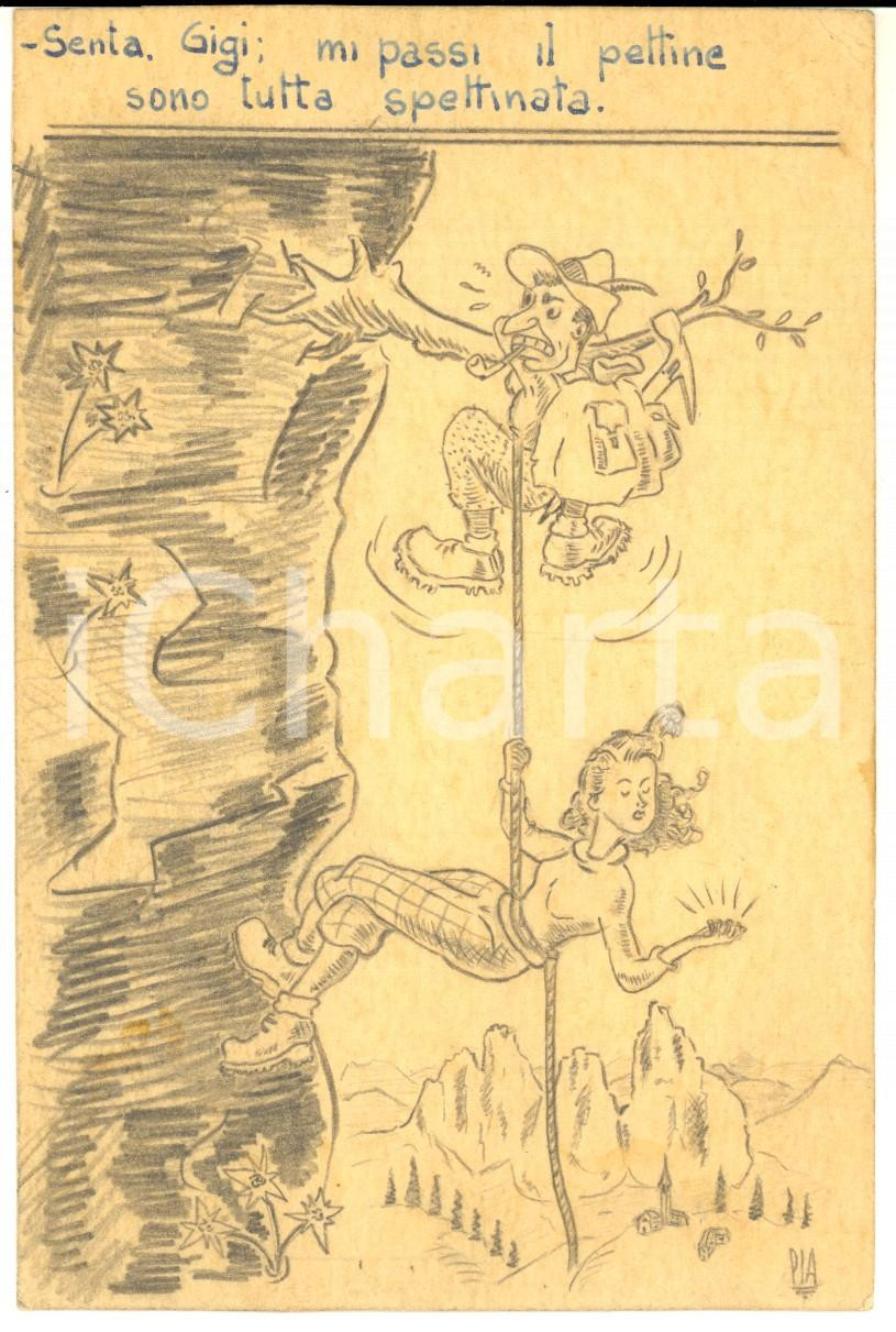 Stampa, bozzetto originale 1940 ca UMORISMO Bozzetto ALPINISMO  Donna vanitosa  Matita 15x10 cm 1