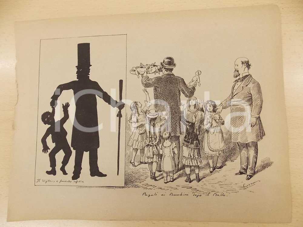 Stampa, bozzetto originale 1880 ca MONTEMERLO Novena 1879  Regali ai bambini  Vigile Stampa ill. GORRA 1