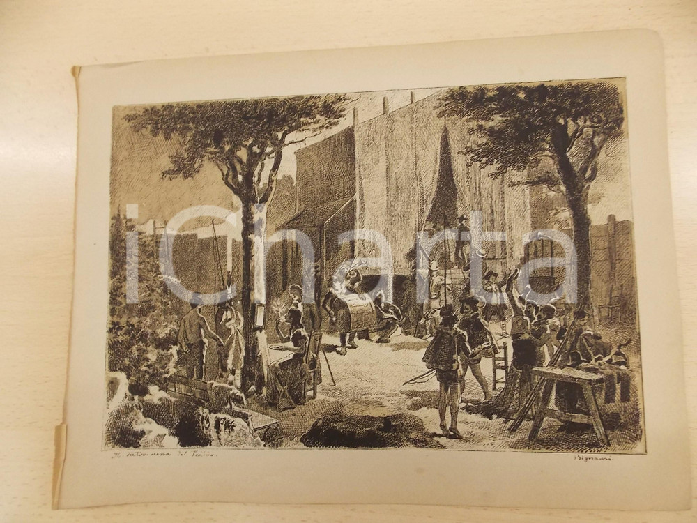 Stampa, bozzetto originale 1880 ca MONTEMERLO Novena 1879  Il dietroscena del teatro  Stampa ill. BIGNAMI 1