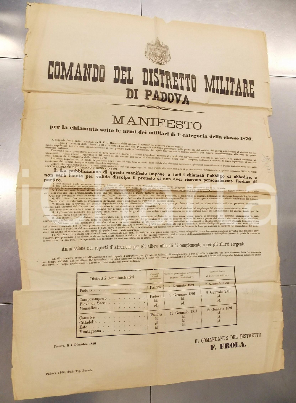 Documento originale, autentico 1890 PADOVA Chiamata alle armi militari 1 categoria classe 1870 Manifesto 1